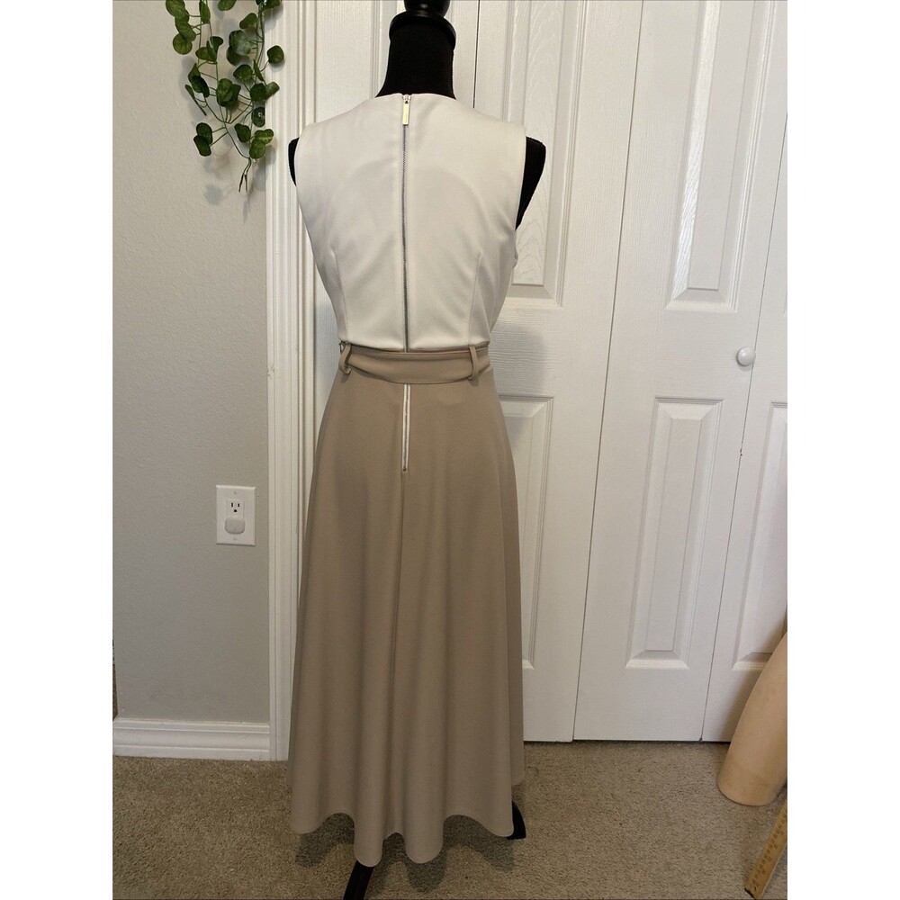 Calvin Klein Beige & White ClassyColorblock Fit & Flare Midi Dress Belted Size 6 - Picture 4 of 8